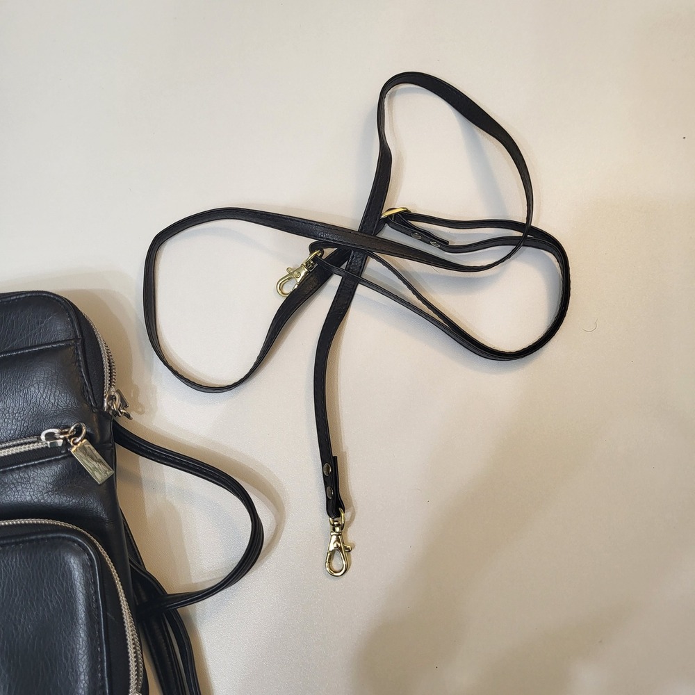 Black Faux Leather Multi-Pocket Crossbody Travel Bag Phone Purse Silver Hardware - Picture 6 of 8